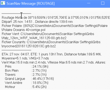 Infos paramètres et données du routage